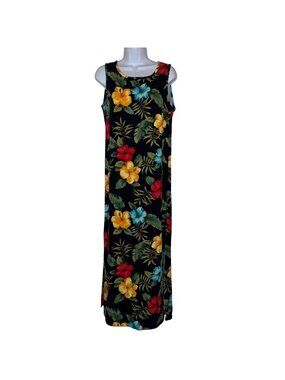La Cabana Sleeveless Hawaiian Beach Dress Womens S Black Floral A-Line Maxi
